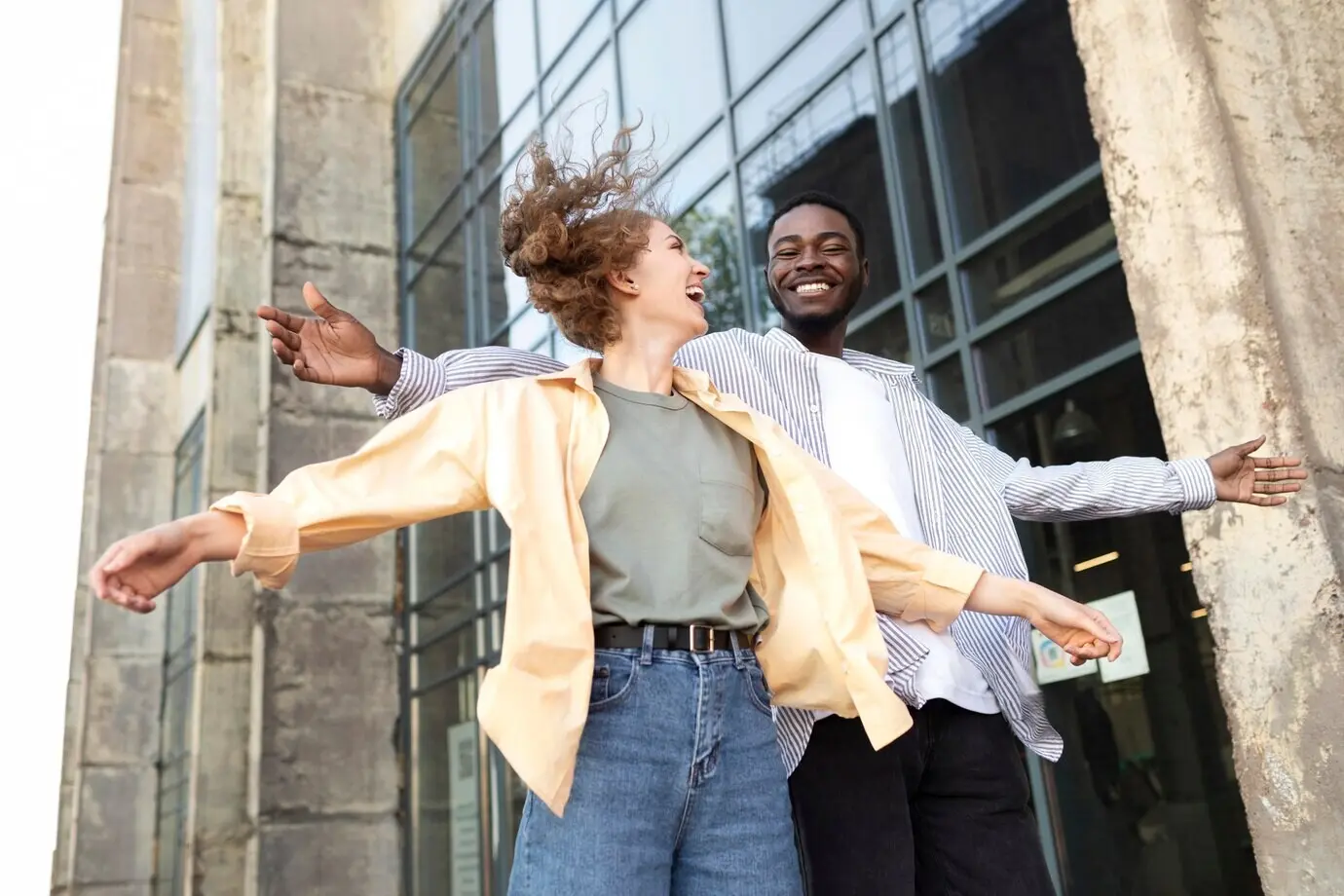 A low-angle medium shot of people having fun.